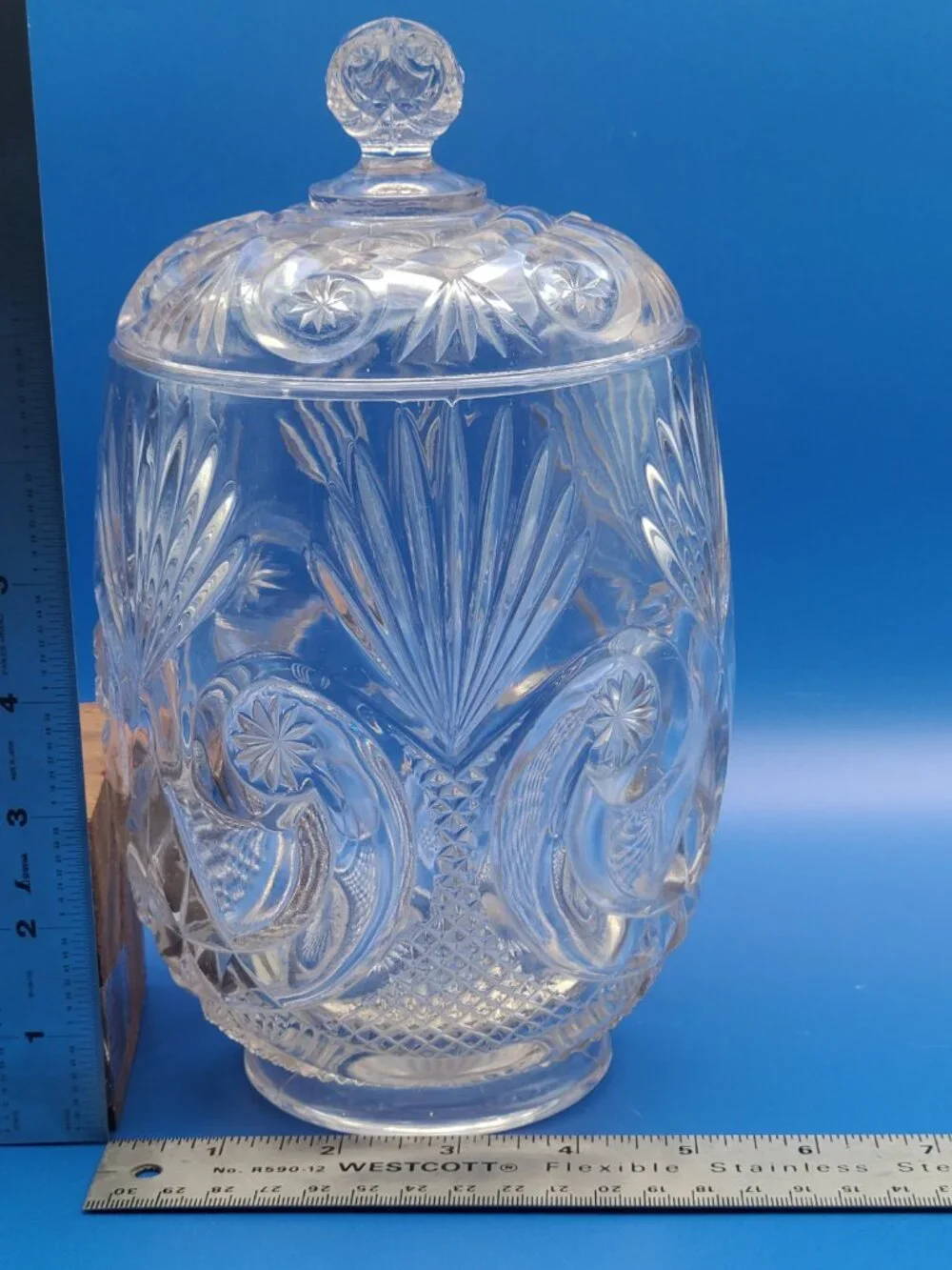 Antique EAPG Crystal Glass Crescent Fan Biscuit Jar Manganese Glow 9.5
